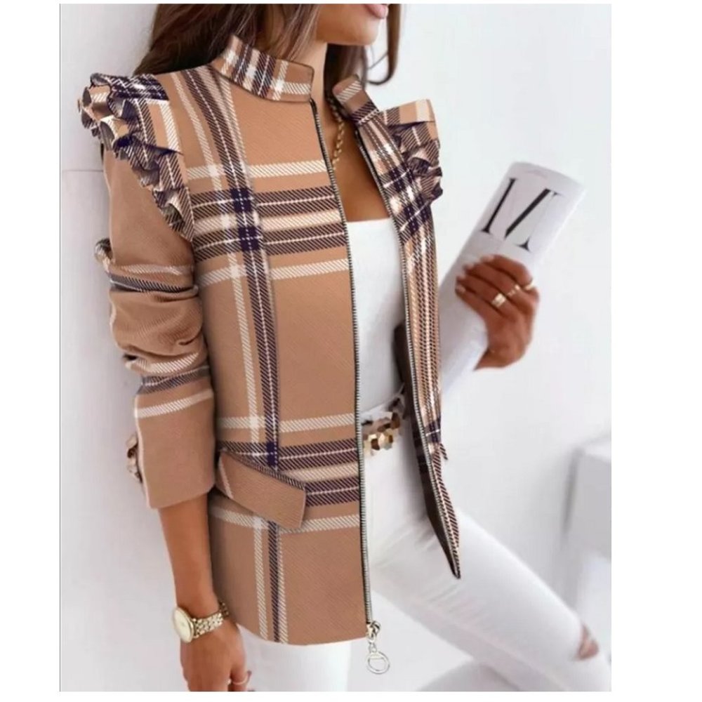 MultiColor Professional Office Blazer with Ruffled Shoulders - Full Frontal Zip - Picture 6 of 6